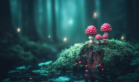 Enchanted forest scene featuring vibrant red mushrooms on a mossy log by a serene pondの素材
