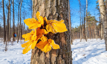 Vibrant yellow mushrooms growing on a tree trunk in a snowy forest with blue skyの素材