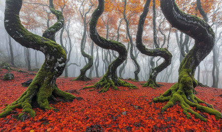 Twisted trees with vibrant autumn leaves in a misty forest, evoking a magical atmosphereの素材