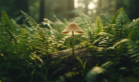A solitary mushroom grows on a log amidst lush ferns in a serene forest settingの素材