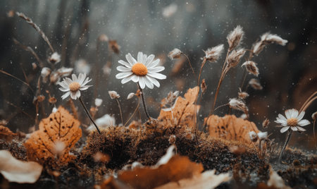 A serene autumn landscape featuring daisies blooming amidst fallen leaves and soft snowfallの素材