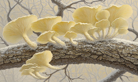 A cluster of delicate yellow mushrooms growing on a textured tree branch against a soft backgroundの素材