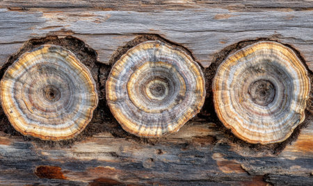 Close-up of three tree rings showcasing intricate patterns and textures on weathered woodの素材