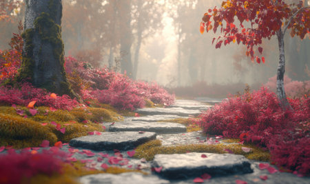 Serene pathway through a vibrant autumn forest with colorful foliage and soft mistの素材