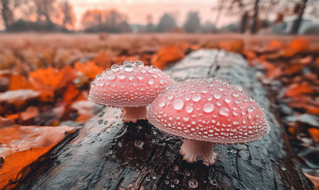 Dew-covered pink mushrooms on a log amidst vibrant autumn leaves in a serene landscapeの素材