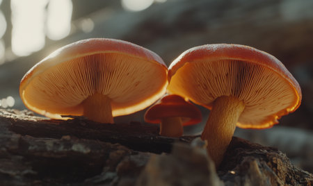 Close-up view of vibrant mushrooms growing on a decaying log in a sunlit forest settingの素材