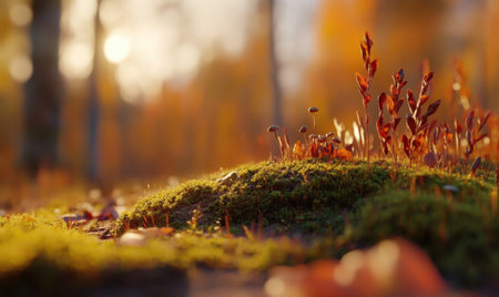 Vibrant autumn forest floor showcasing colorful foliage and mushrooms under soft sunlightの素材