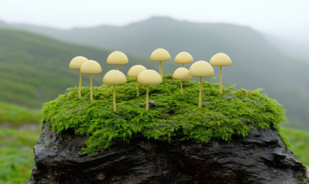 A cluster of yellow mushrooms growing on a mossy log in a misty green landscape, evoking tranquilityの素材