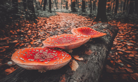 Vibrant red mushrooms growing on a log in a serene autumn forest with fallen leavesの素材