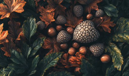 A serene autumn arrangement of colorful leaves, nuts, and acorns on a dark backgroundの素材
