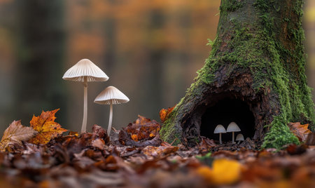Tranquil forest scene featuring mushrooms growing near a moss-covered tree trunk in autumnの素材
