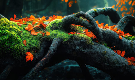 A vibrant forest scene showcasing moss-covered roots intertwined with colorful autumn leavesの素材