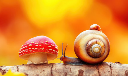 Colorful snail and red mushroom on a log with a vibrant blurred autumn backgroundの素材