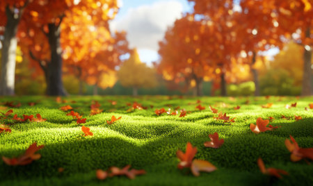 Vibrant autumn landscape with colorful leaves scattered on lush green grass under a blue skyの素材