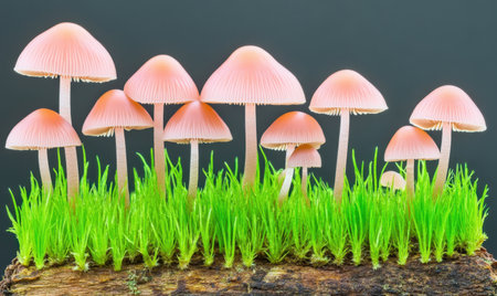 A vibrant cluster of pink mushrooms growing on a log amidst lush green grass, set against a dark backgroundの素材