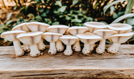 A cluster of fresh, white mushrooms growing on a wooden log in a lush, green garden settingの素材