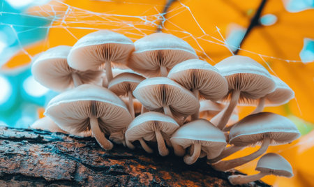 Cluster of mushrooms growing on a tree trunk surrounded by vibrant autumn leaves and spider websの素材