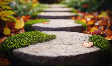 Serene stone pathway covered with moss, surrounded by colorful autumn leaves in a tranquil gardenの素材