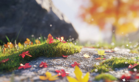 Vibrant autumn scene with colorful fallen leaves on grass near a rock, softly blurred backgroundの素材