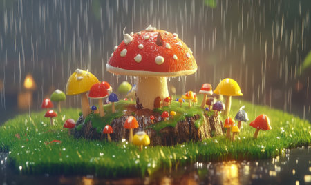 A vibrant mushroom village under rain, showcasing colorful fungi on a grassy island, with soft lightingの素材