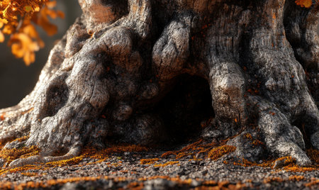 Ancient gnarled tree roots with vibrant orange foliage and textured bark in a serene forest settingの素材