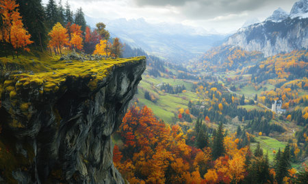Majestic autumn landscape showcasing vibrant foliage on a cliff overlooking a serene valleyの素材