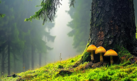 Three golden mushrooms growing at the base of a tree in a misty forest, surrounded by lush greeneryの素材