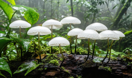 Group of white mushrooms growing on a log in a misty rainforest with lush greenery in the backgroundの素材