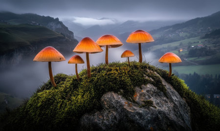 Vibrant mushrooms on a mossy rock in a misty mountainous landscape at dawnの素材