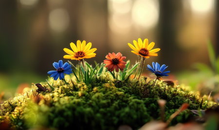 Vibrant wildflowers bloom on a mossy mound in a sunlit forest, creating a serene atmosphereの素材