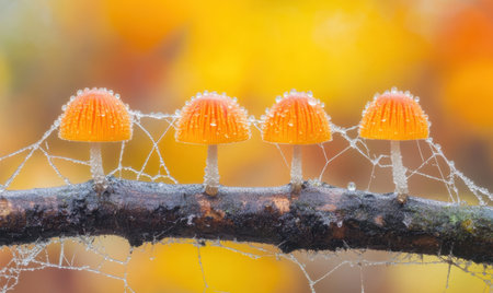 Vibrant orange mushrooms with droplets on a spider web, set against a colorful autumn backgroundの素材