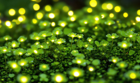 A vibrant close-up of dew-kissed green foliage illuminated by soft, glowing lights at duskの素材