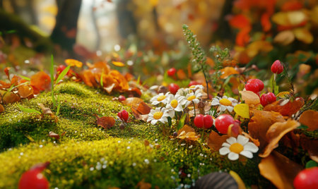 Vibrant autumn forest floor adorned with daisies and berries amidst colorful foliageの素材