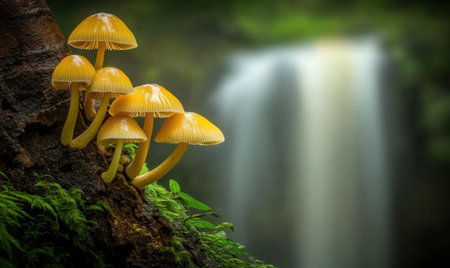 Vibrant yellow mushrooms growing on a log near a serene waterfall in a lush forestの素材