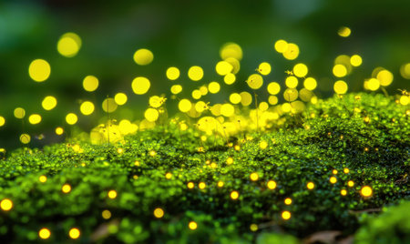 Luminous green moss illuminated by glowing yellow orbs in a serene forest settingの素材