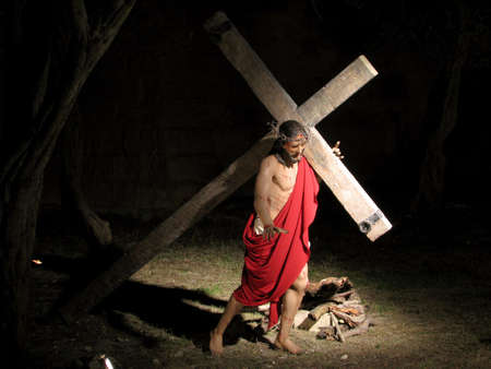 An exhibition of The Passion of Christ with  life size statues in a ditch in Vittoriosa, Malta のeditorial素材
