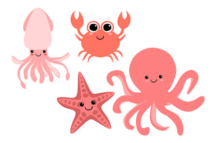 Sea creatures ilustration. Crab, octopus, squid, and starfishのイラスト素材