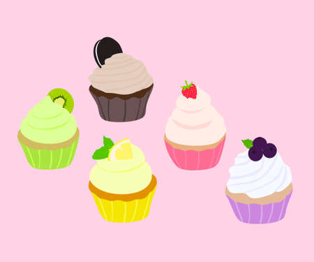 Cupcake vector collection. Cupcakes topped with blueberries, kiwi, lemon, strawberry and biscuit.のイラスト素材
