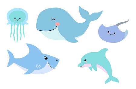 Sea creatures ilustration. Jellyfish, whale, dolphin, shark, and stingrayのイラスト素材