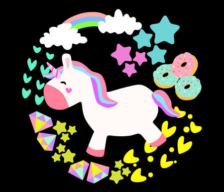 Unicorn and colorfull element on black  backgroundのイラスト素材