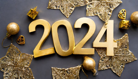 2024 text background, modern font, elegant, gold color, New year and business concept strategy, flat lay, copy space, cleanの素材