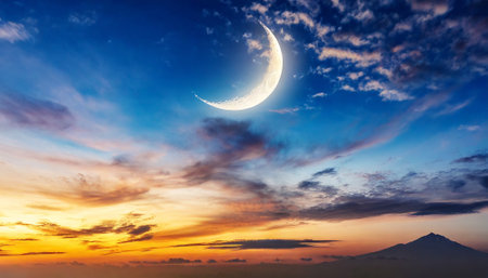 Muslim half moon and soft sunset at Arab night over the city. Light in dark sky. soft cloud. Ramadan background. Dramatic nature background.の素材