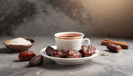Cup of turkish tea and dry dates on saucer ready to eat for iftar time. Islamic religion and ramadan concept. copy space for textの素材