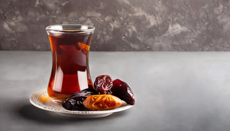 Cup of turkish tea and dry dates on saucer ready to eat for iftar time. Islamic religion and ramadan concept. copy space for textの素材