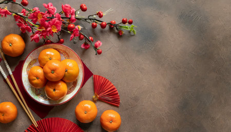 Chinese New Year decoration,mandarin oranges and red envelope. top view with copy space on the right sideの素材