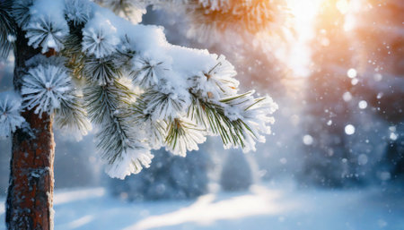 Winter bright background with pine branch in frost. Snow-covered pine branches; the sun shines through needles of a beautiful sunny forest; wider copy space for textの素材