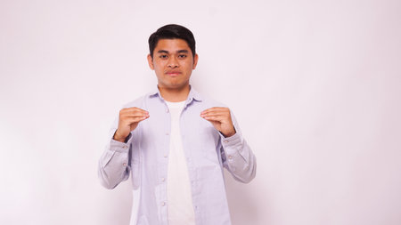 Asian man using sign language with hand. learn sign language by hand. ASL American Sign Language