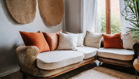 Close up of fabric sofa with white and few terra cotta pillows. French country home interior design of modern living room. copy space for textの素材