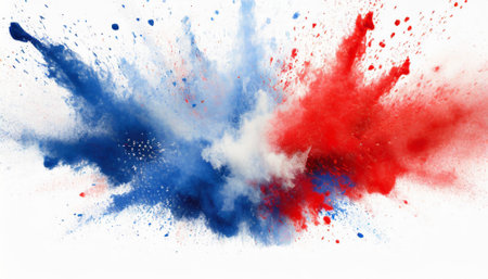 Labor day Red, White and Blue colored dust explosion background. Splash of American flag colors smoke dust on white background, Independence Day, Memorial Day patriotic abstract patternの素材