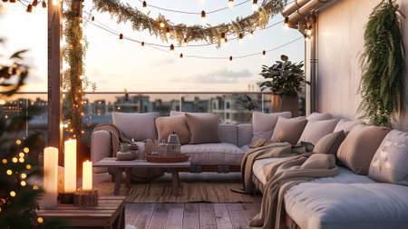 Cozy outdoor roof terrace with a sofa and coffee table is decorated with garlands and lampsの素材